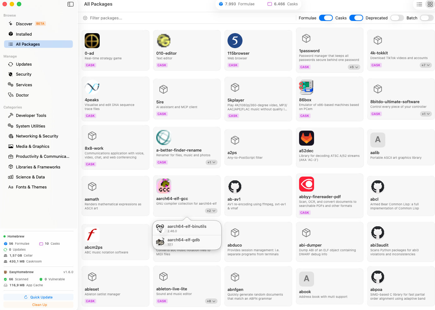 EasyHomebrew grid view with grouped package variants